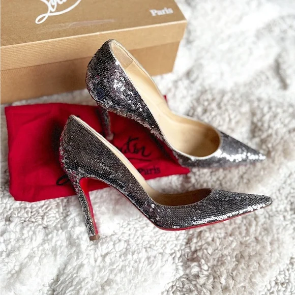 Christian louboutin sequin DECOLTISSIMO 100 SILVER PAILLETTES pointed toe heel - Picture 2 of 14